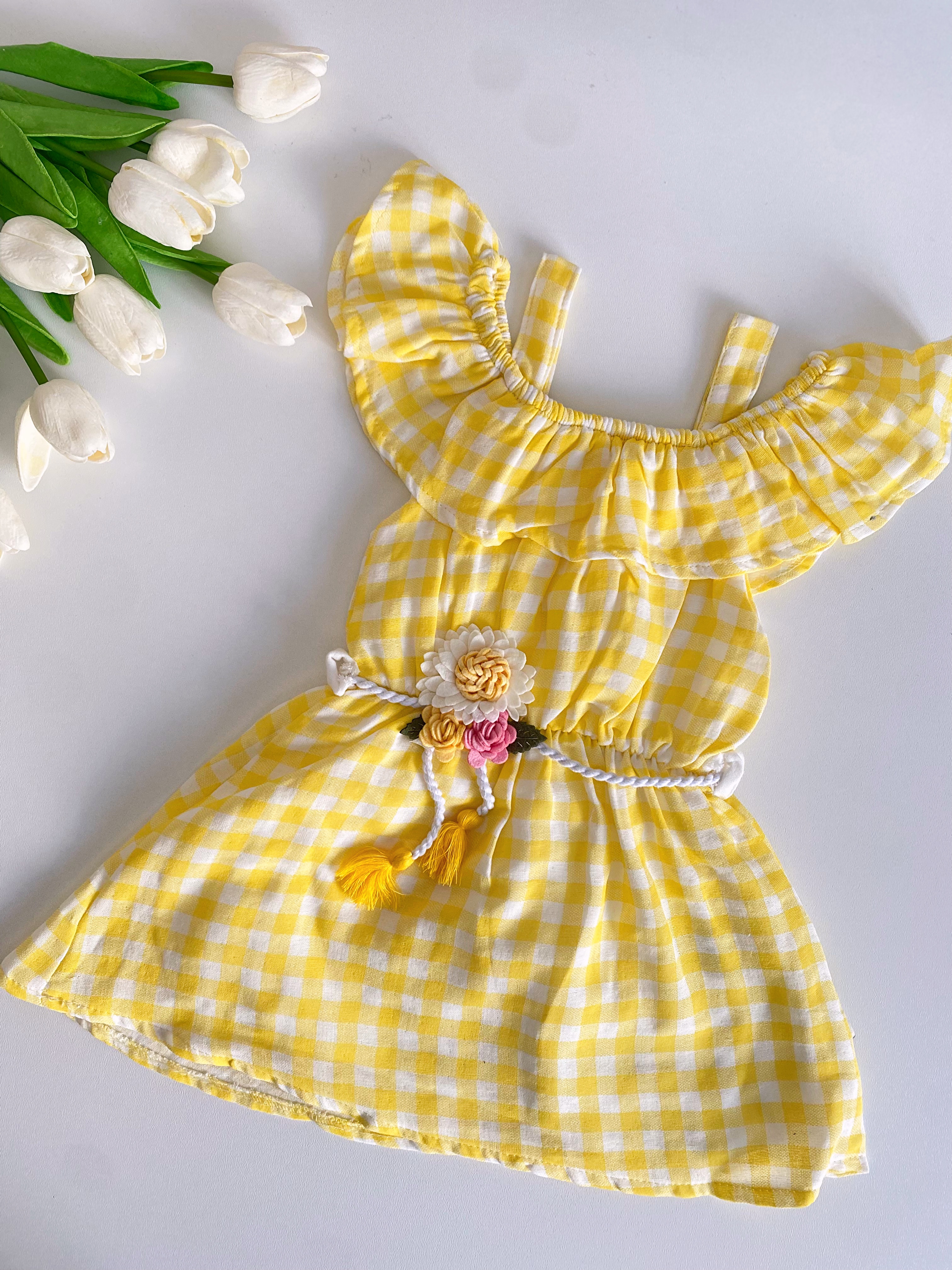 Limon Sarısı Pötikare Çiçek Kemerli Elbise