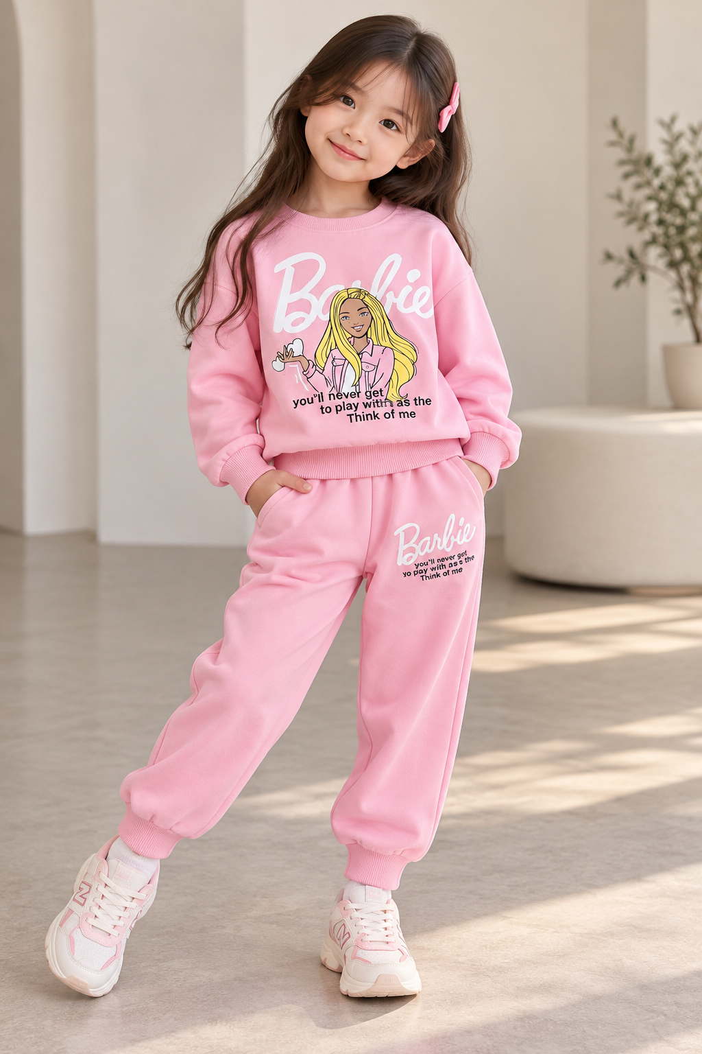 Toz Pembe Barbie Baskılı Eşofman Takımı