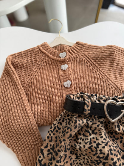 Tasarım Triko Hırka/Kalp Kemerli Leopar Denim Etek Kombin