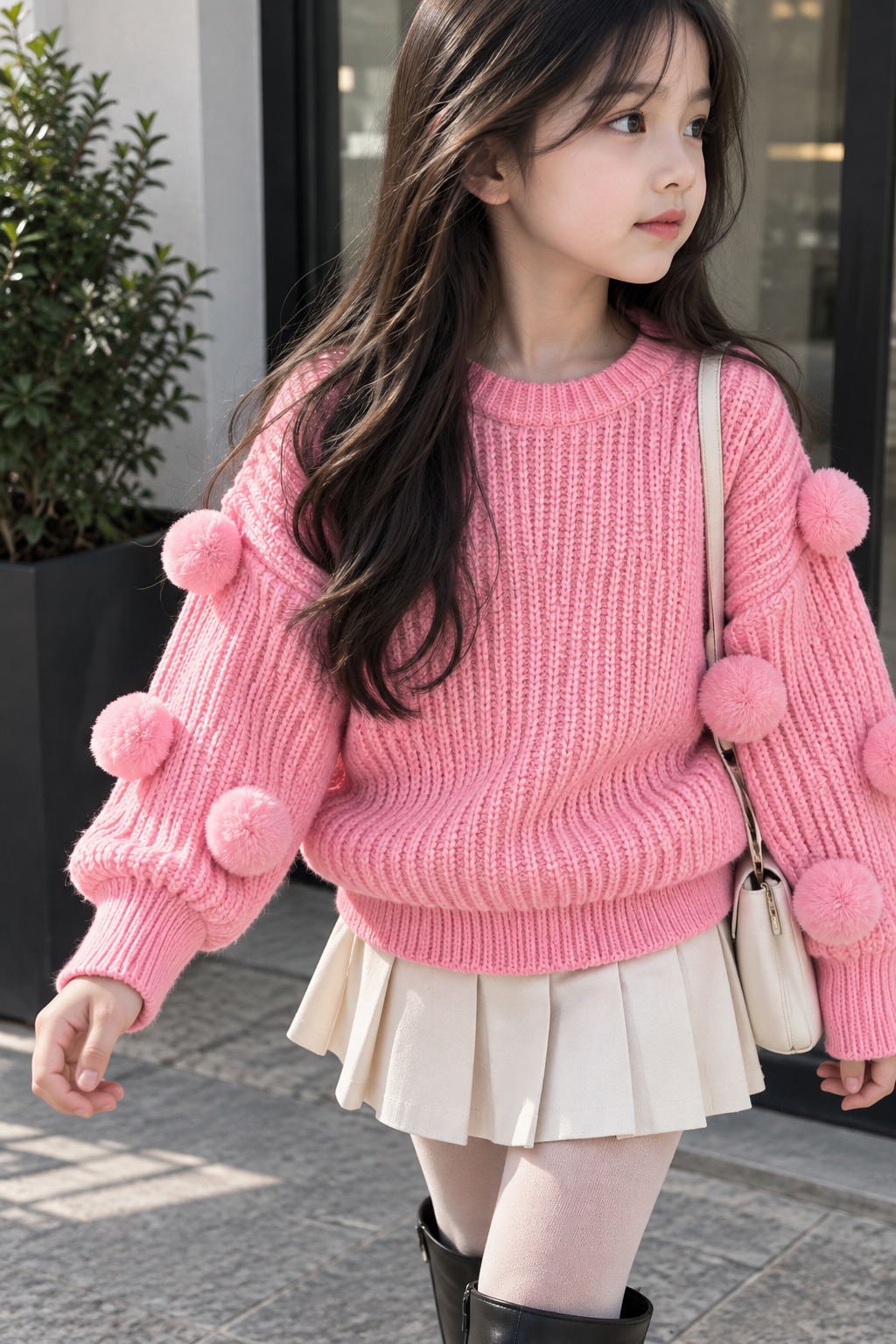 Pembe Ponponlu Triko Kazak