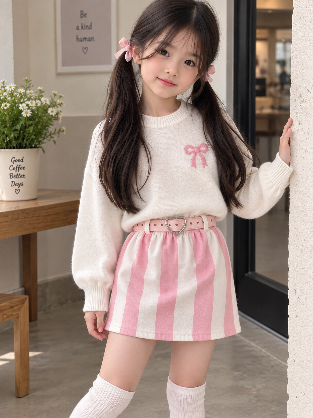 Pink/White Kemerli Denim Etek