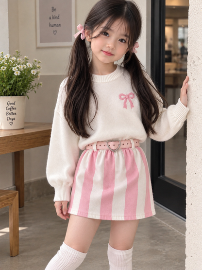 Pink/White Kemerli Denim Etek