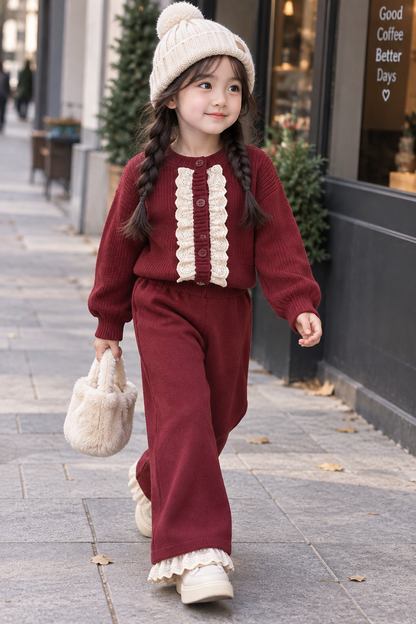 Bordo Fisto Detaylı Triko Takım