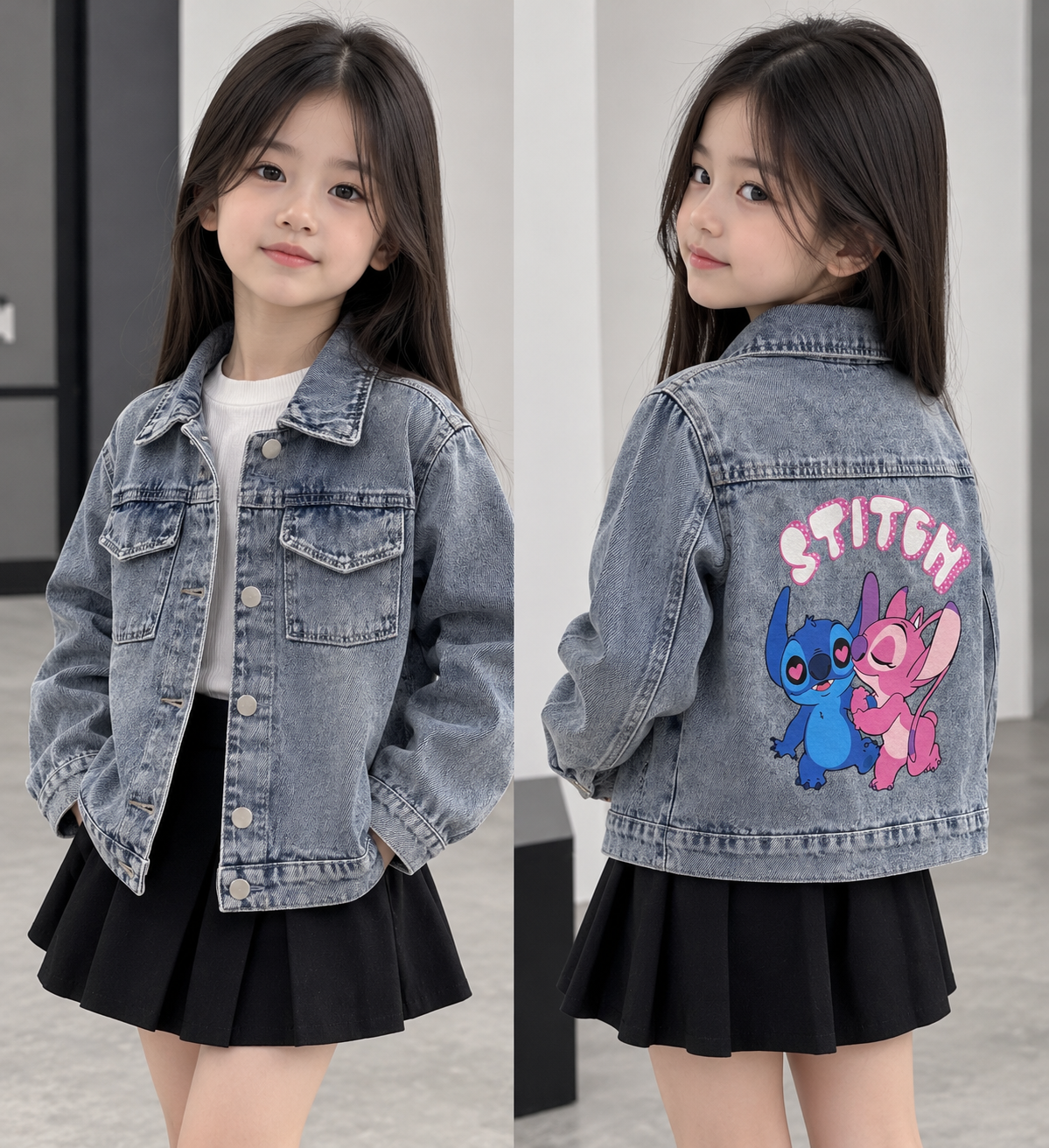 Stitch Baskılı Kot Ceket