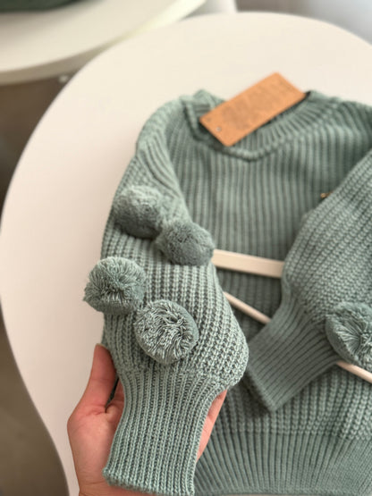 Soft Yeşil Ponponlu Triko Kazak