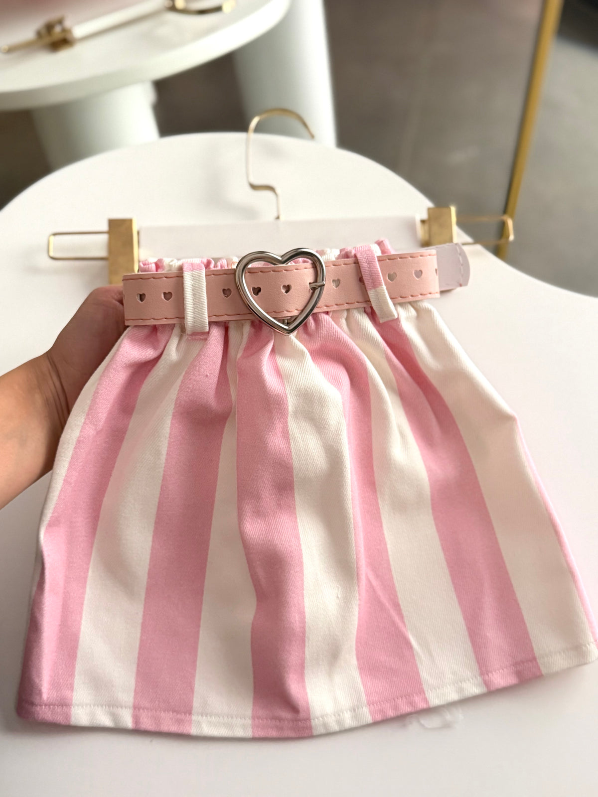 Pink/White Kemerli Denim Etek