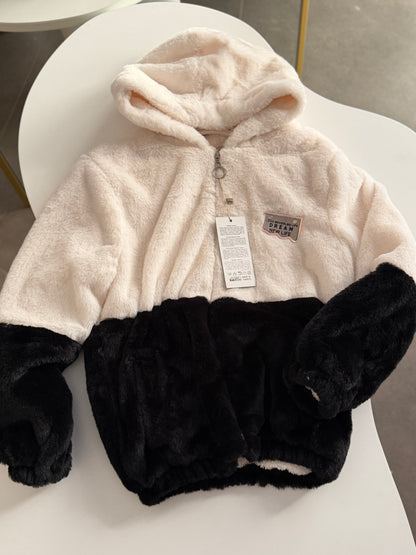 Kapüşonlu Peluş Kürk Mont