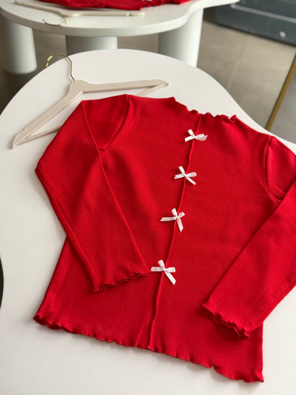 Kırmızı Ribbon Detaylı Bluz