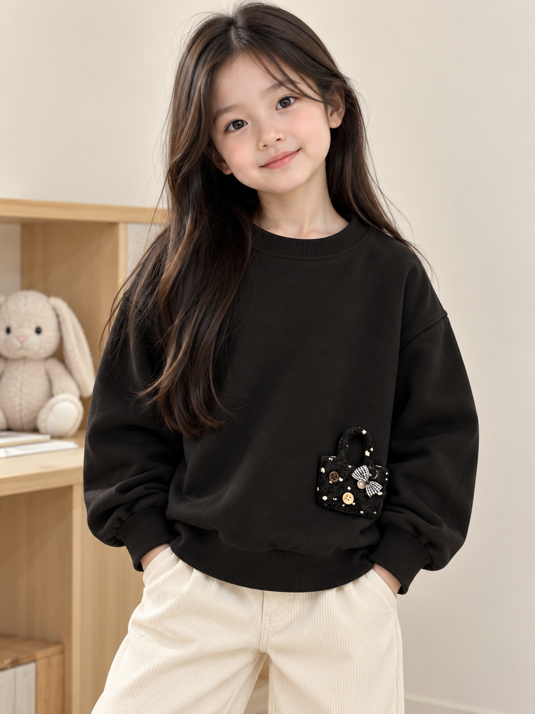 Siyah Çanta İşlemeli 2 İplik Sweatshirt
