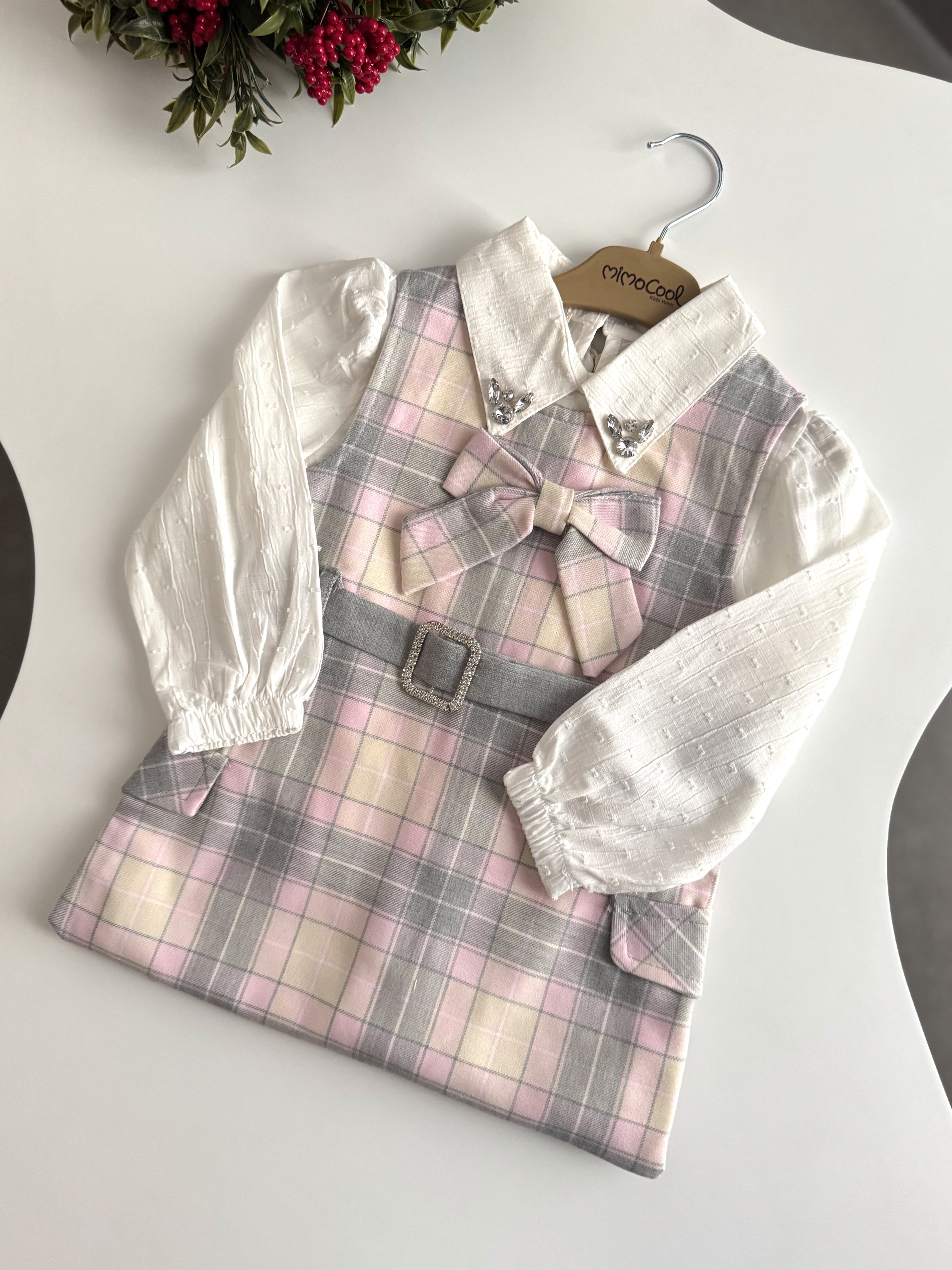 Pudra Gömlekli Ekose Elbise