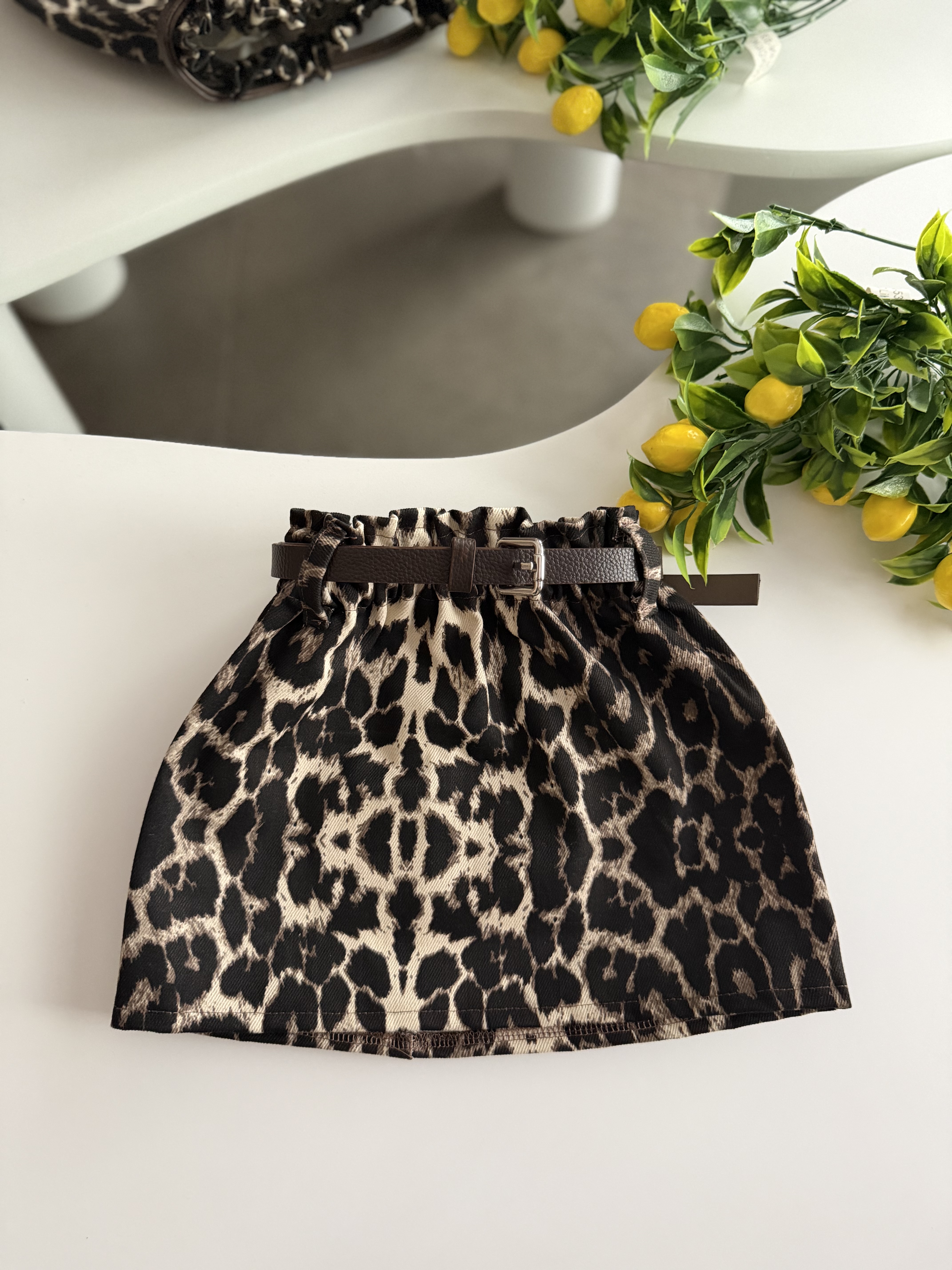 Leopar Kemerli Denim Etek