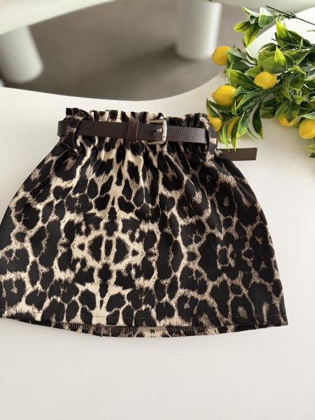 Leopar Kemerli Denim Etek