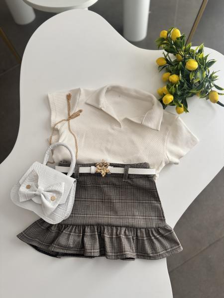 Gold Kemerli Tasarım Etek Bluz Çanta Kombin